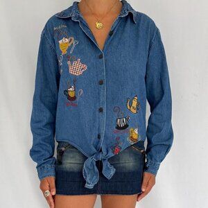 90s vintage blue denim novelty coffee print embroidered button up down shirt